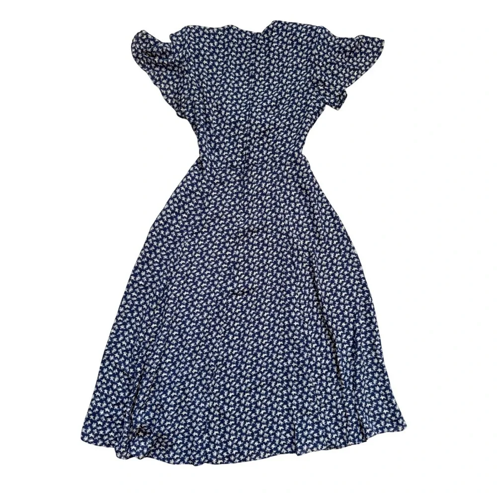 Vintage Navy Blue Ditsy Floral Tie Front Midi Dress 12 cottage prairie